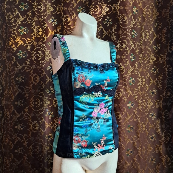 Tripp Rare Vintage Bustier Top Teal Oriental Print Satin Medium - Picture 2 of 12